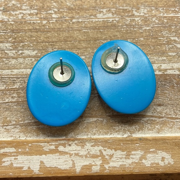Vintage Blue Enamel Oval Statement Stud Dangle Drop Earrings - Picture 2 of 2